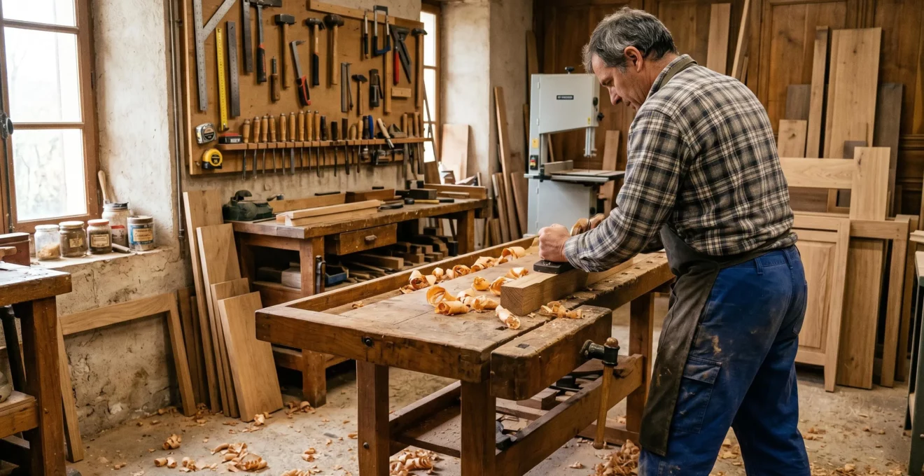 Artisan menuisier travaillant le bois dans son atelier, représentant les PME et entreprises de l'économie sociale et solidaire financées par le LDDS
