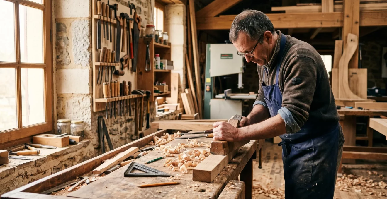 Artisan menuisier travaillant le bois dans son atelier, représentant les PME et entreprises de l'économie sociale et solidaire financées par le LDDS