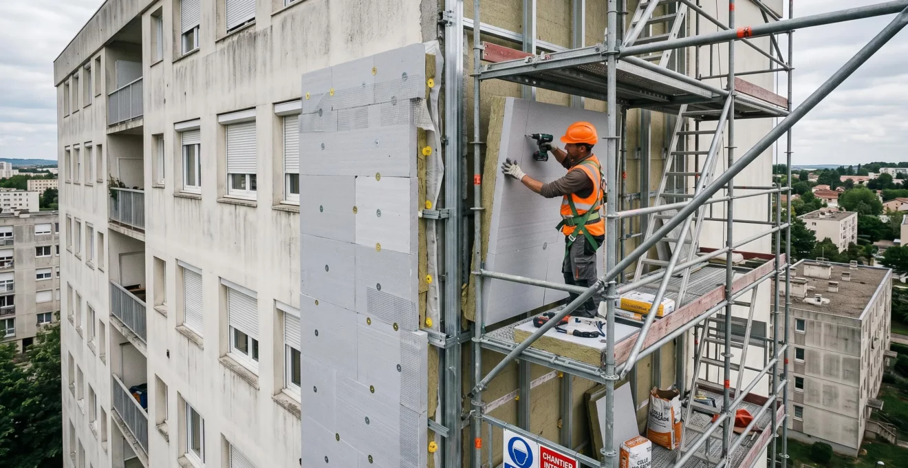 Chantier de rénovation énergétique avec ouvrier installant une isolation thermique extérieure sur une façade de logement social