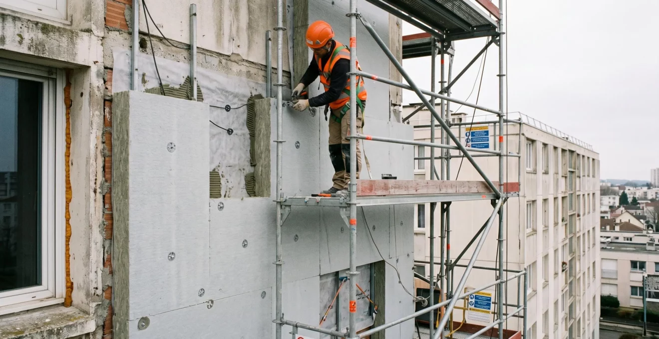Chantier de rénovation énergétique avec ouvrier installant une isolation thermique extérieure sur une façade de logement social