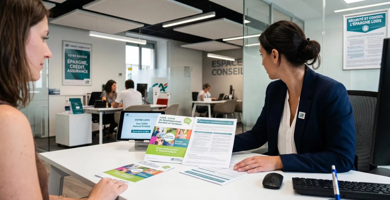 Conseiller bancaire présentant la documentation réglementaire du LDDS à un client dans une agence bancaire française, illustrant la transparence sur l'affectation des fonds