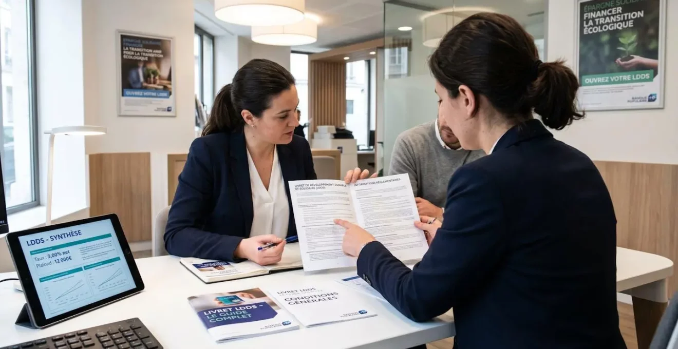 Conseiller bancaire présentant la documentation réglementaire du LDDS à un client dans une agence bancaire française, illustrant la transparence sur l'affectation des fonds