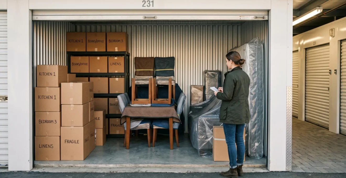 Vue intérieure d'un box de stockage bien organisé avec meubles, cartons et équipements soigneusement rangés par taille