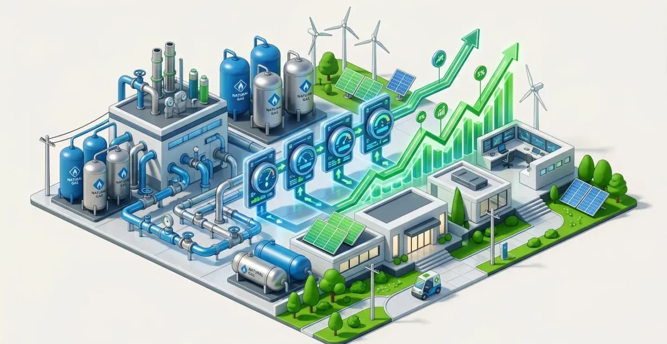 Illustration isométrique d'une PME industrielle optimisant ses coûts énergétiques avec des solutions multi-énergies