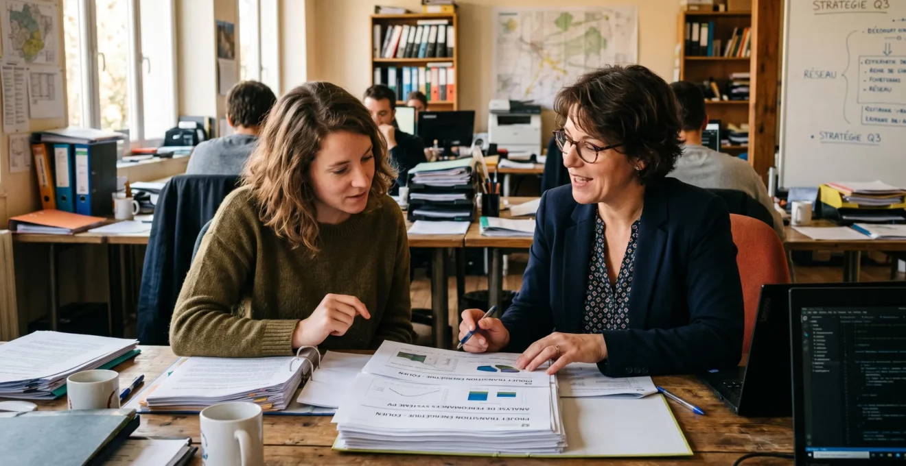 Équipe d'une PME française en réunion autour de contrats énergétiques et données de consommation