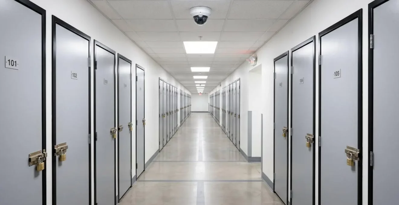 Couloir propre et éclairé d'un centre de self-stockage avec caméra de surveillance visible et rangées de box fermés