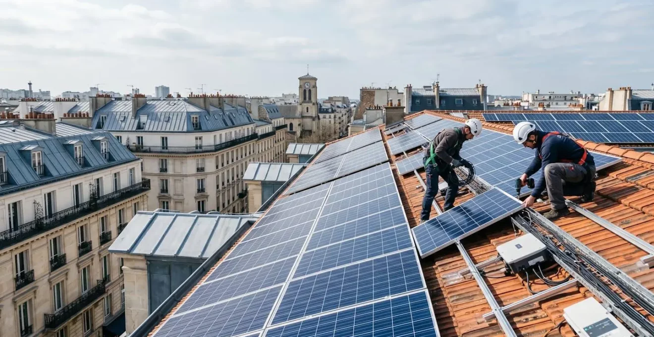 Technicien installant des panneaux solaires photovoltaïques sur la toiture d'un bâtiment public, représentant les projets de transition énergétique financés par le LDDS