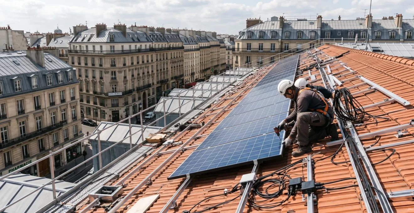 Technicien installant des panneaux solaires photovoltaïques sur la toiture d'un bâtiment public, représentant les projets de transition énergétique financés par le LDDS