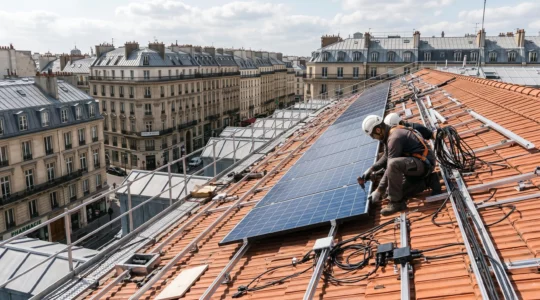 Technicien installant des panneaux solaires photovoltaïques sur la toiture d'un bâtiment public, représentant les projets de transition énergétique financés par le LDDS