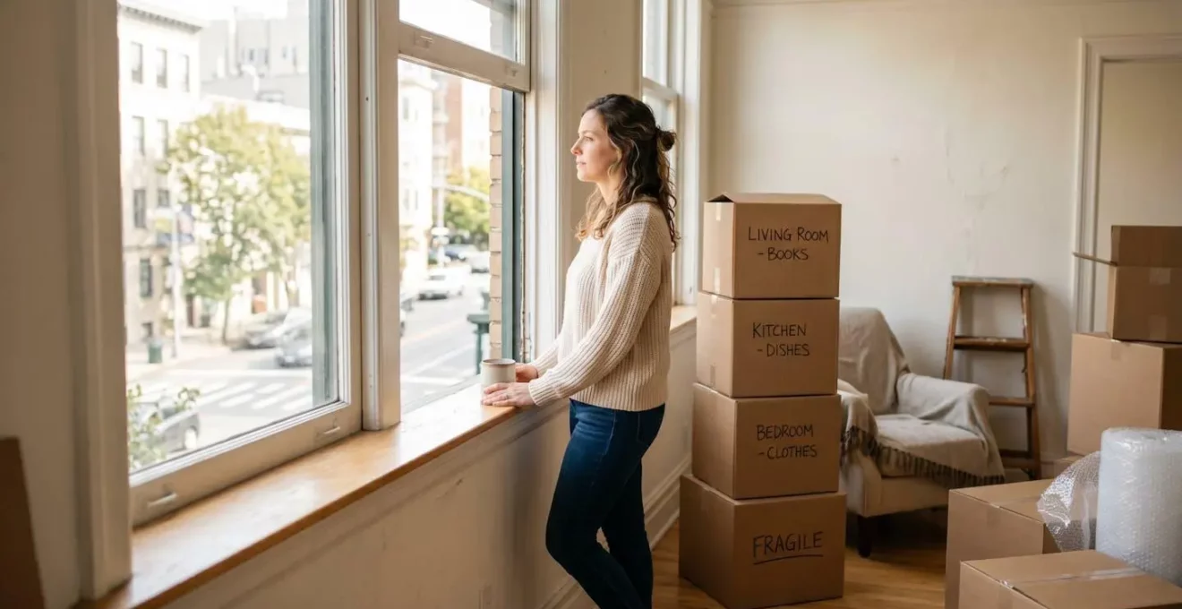 Personne debout dans un appartement partiellement vidé, entourée de cartons soigneusement étiquetés, regardant par la fenêtre avant un grand départ