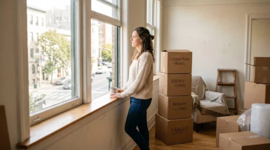 Personne debout dans un appartement partiellement vidé, entourée de cartons soigneusement étiquetés, regardant par la fenêtre avant un grand départ