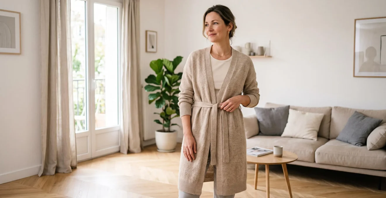 Femme portant un cardigan long en maille beige avec ceinture nouée à la taille naturelle, dans un salon contemporain français lumineux aux tons neutres