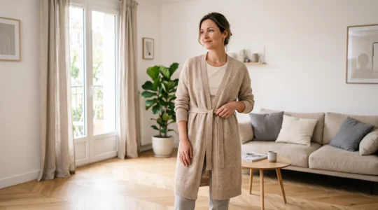Femme portant un cardigan long en maille beige avec ceinture nouée à la taille naturelle, dans un salon contemporain français lumineux aux tons neutres