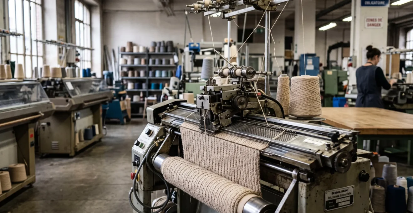 Métier à tricoter industriel en fonctionnement fabriquant une maille beige naturelle dans un atelier textile français