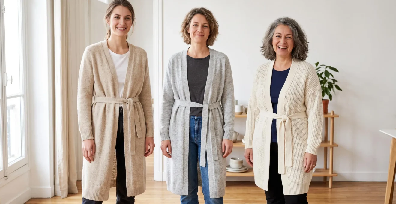 Trois femmes de morphologies différentes (grande mince, moyenne en H, petite ronde) portant chacune un cardigan ceinturé en maille naturelle dans un décor intérieur français contemporain
