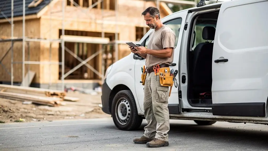 Artisan utilisant une tablette pour envoyer des documents et photos de chantier à un client, debout près de son véhicule professionnel