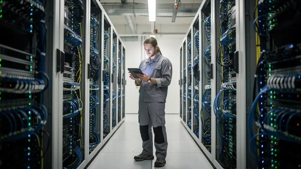 Technicien inspectant des serveurs dans un datacenter français, debout dans l'allée centrale entre les baies d'hébergement avec indicateurs LED