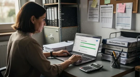 Professionnelle d'une TPE française travaillant dans son bureau, concentrée sur l'envoi de fichiers clients depuis son ordinateur portable, avec des dossiers papier visibles à côté