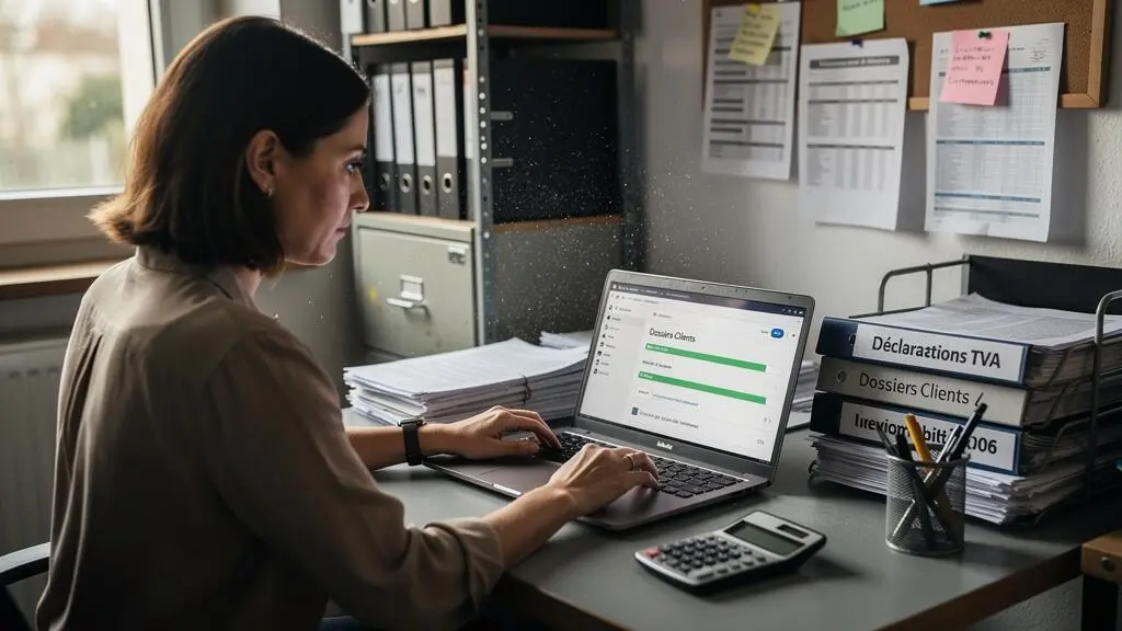Professionnelle d'une TPE française travaillant dans son bureau, concentrée sur l'envoi de fichiers clients depuis son ordinateur portable, avec des dossiers papier visibles à côté