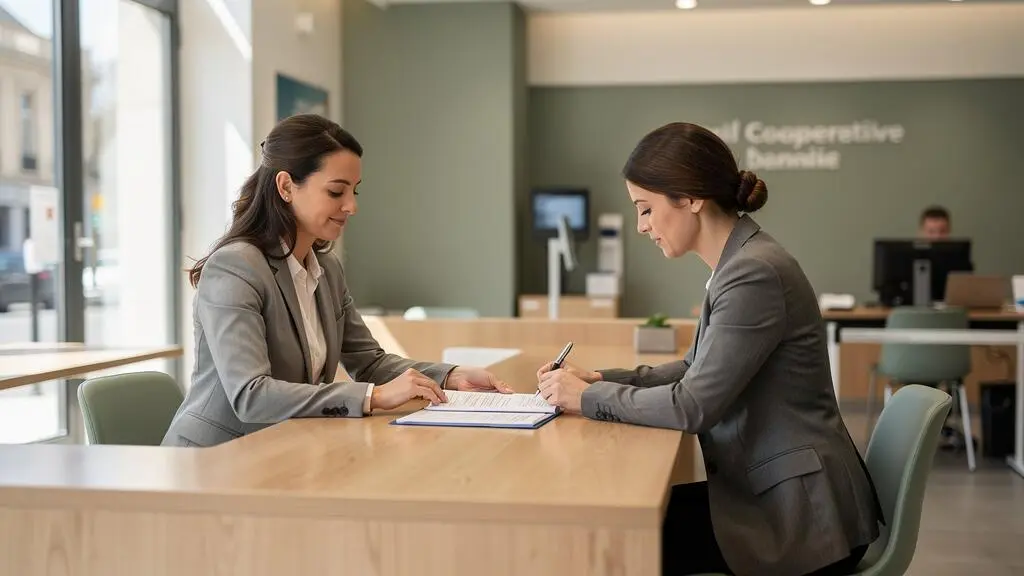 Un client s'apprête à signer un dossier de souscription face à un conseiller dans une agence bancaire française.