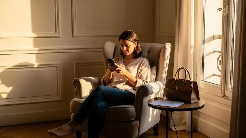 Une jeune femme finalise l'ouverture de son compte bancaire depuis son smartphone, assise près d'une fenêtre.