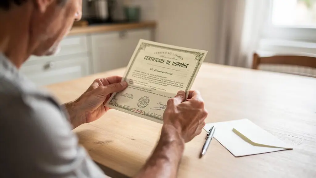 Une personne examine de près un certificat de parts sociales posé sur une table en bois.
