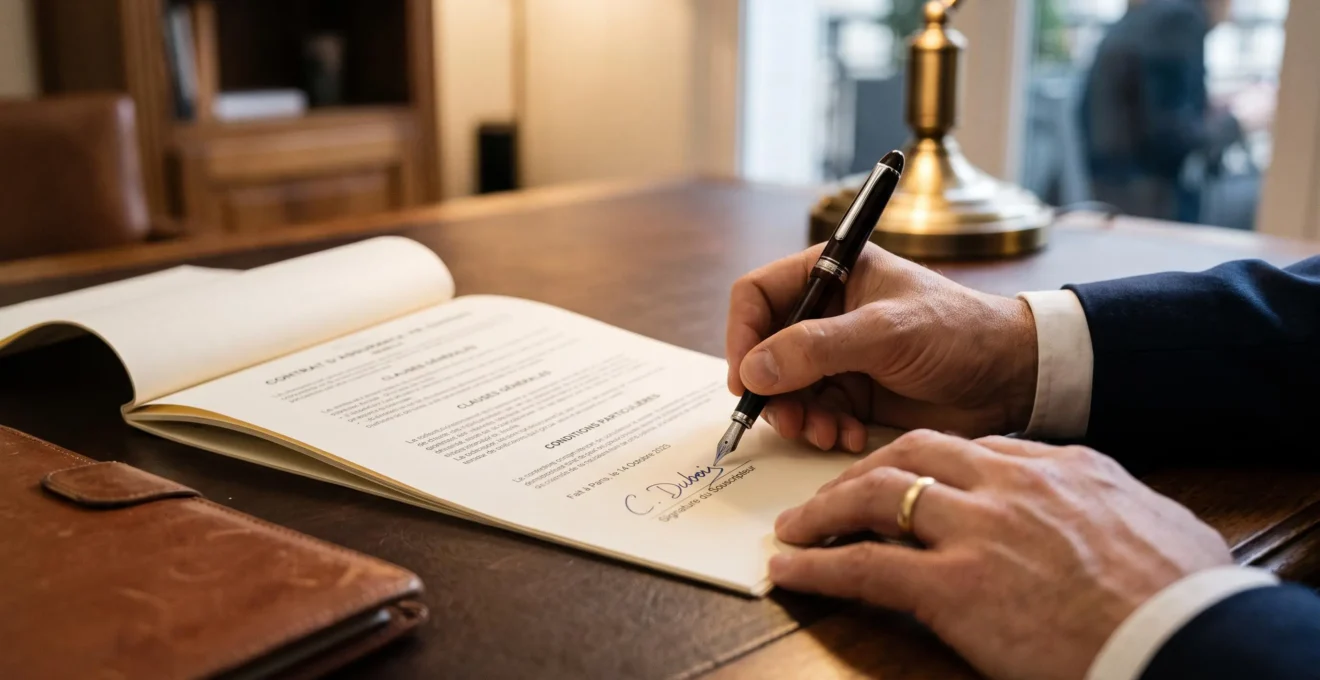 Une main signe la dernière page d'un contrat d'assurance vie avec un stylo plume posé sur un bureau en bois sombre.