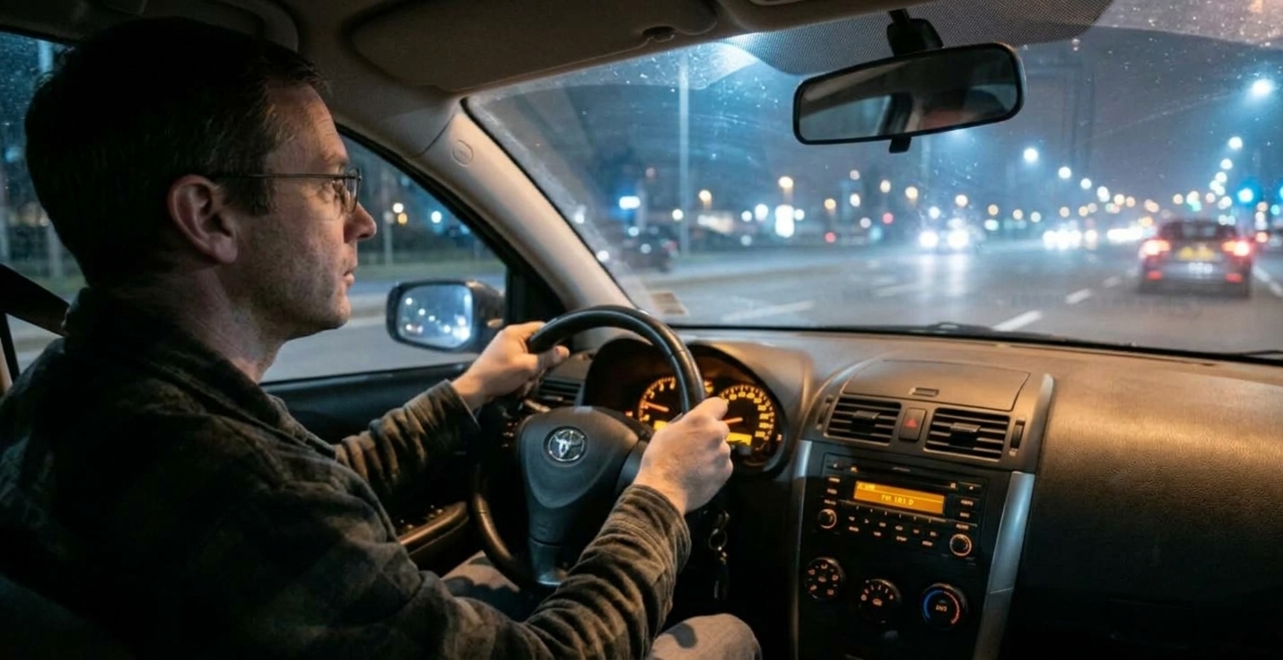 Un automobiliste à lunettes conduit de nuit face aux phares.