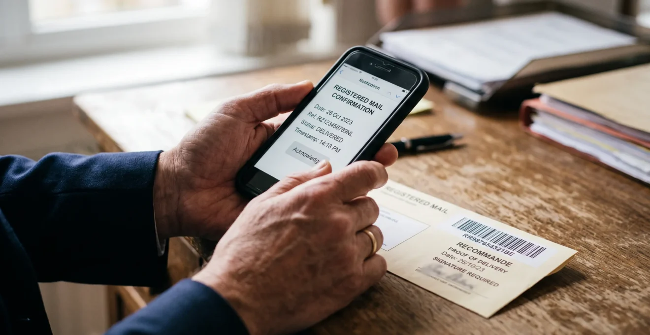 Un professionnel consulte sur son téléphone la confirmation d'un envoi recommandé électronique.