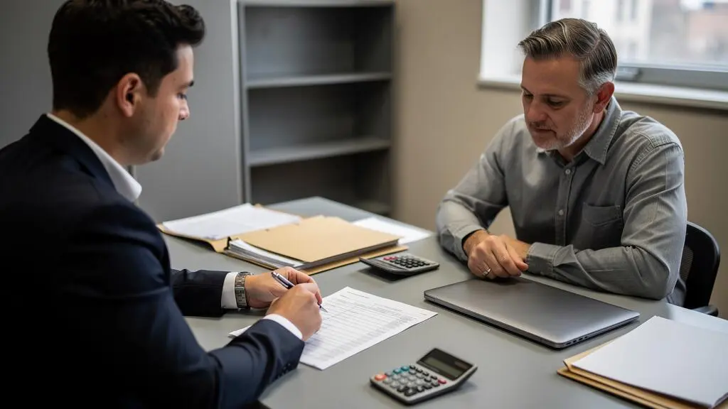 Un conseiller bancaire examine des relevés de compte professionnel avec un dirigeant dans un bureau.