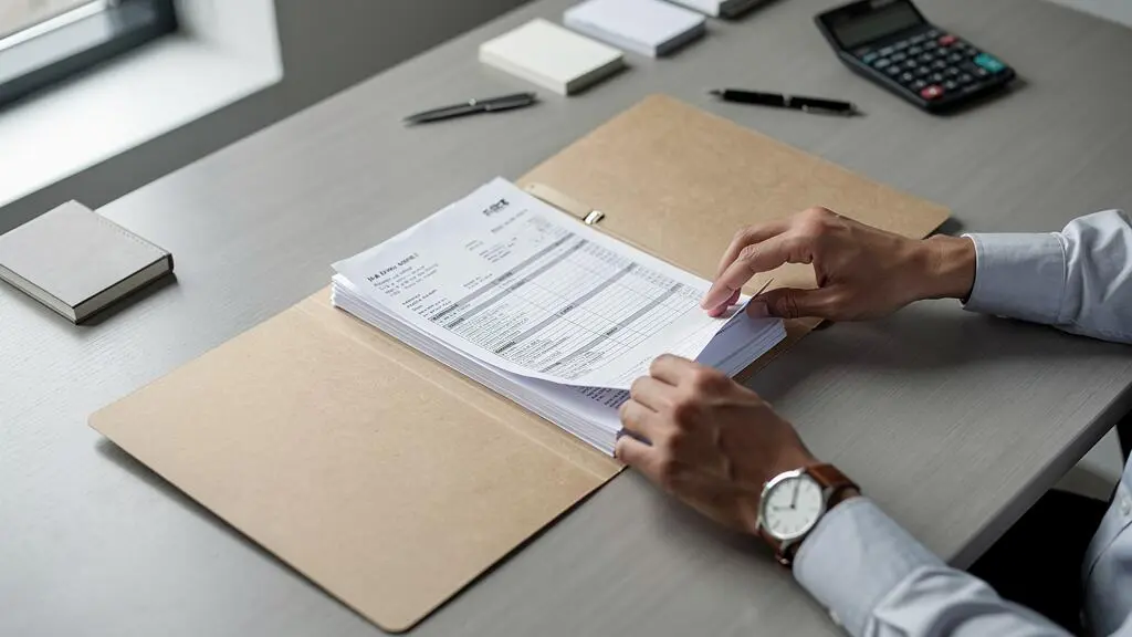 Un conseiller trie un dossier de pièces justificatives sur son bureau.