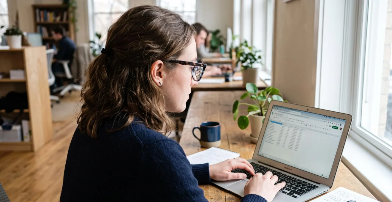Une femme à lunettes travaille sur un ordinateur portable au bureau.
