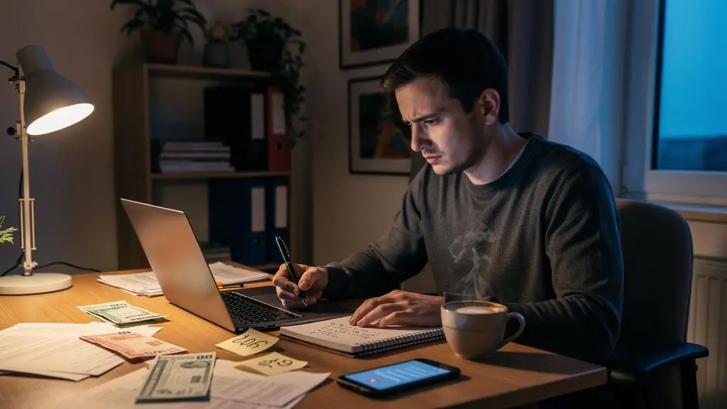 Un indépendant compare ses relevés bancaires sur ordinateur avec un carnet à son bureau.