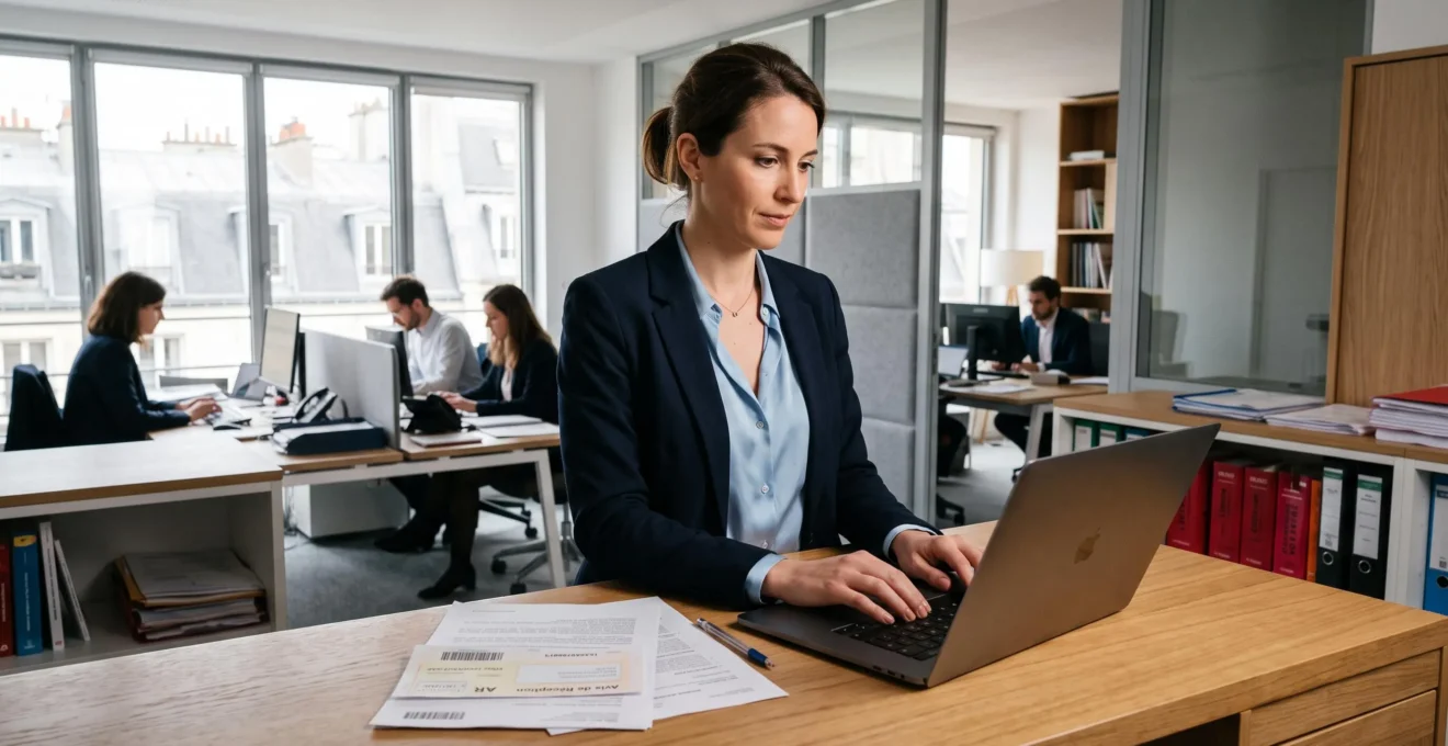 Une juriste envoie un recommandé électronique depuis son ordinateur dans un bureau d'avocats.