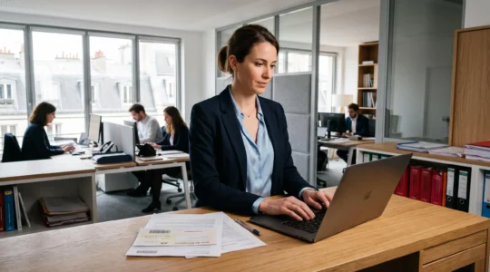 Une juriste envoie un recommandé électronique depuis son ordinateur dans un bureau d'avocats.