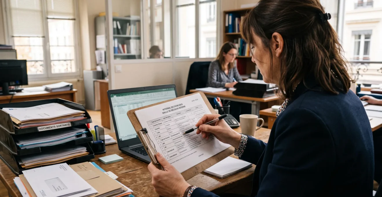 Un manager annote une grille interne de choix pour les recommandés électroniques.