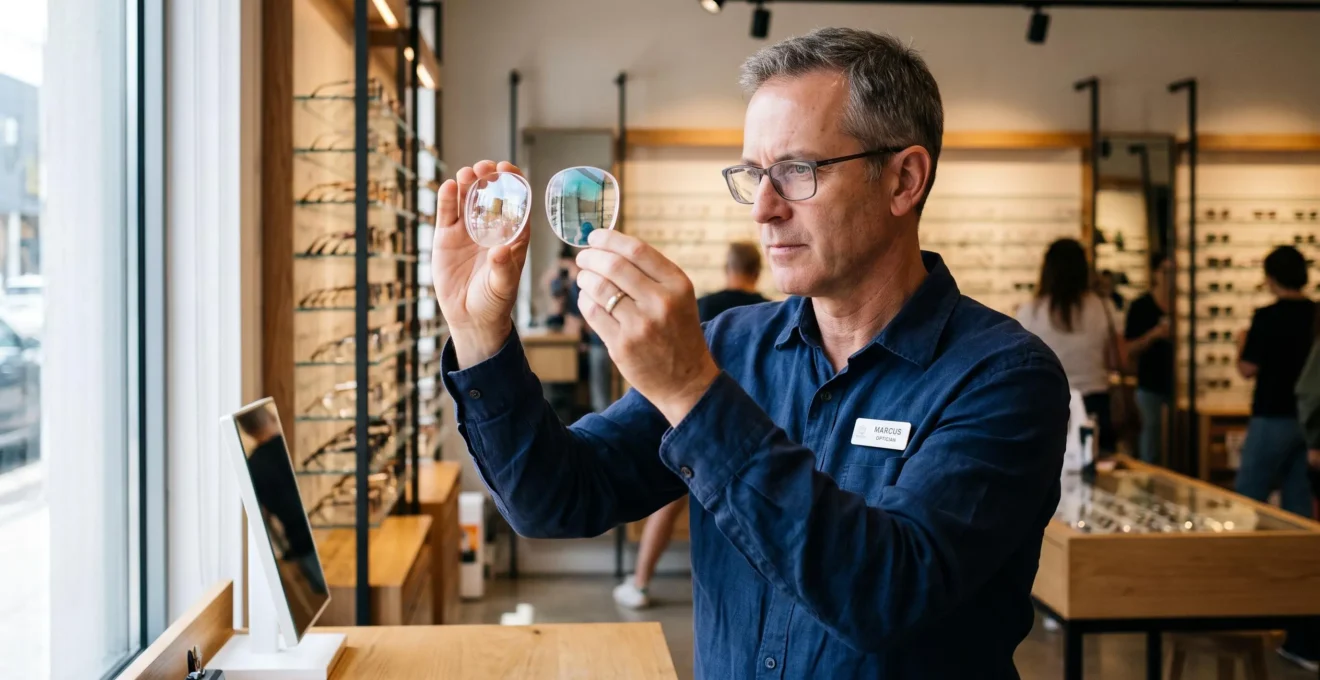 Un opticien compare deux verres de lunettes sous la lumière en magasin.