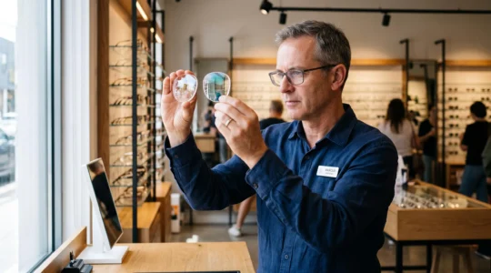 Un opticien compare deux verres de lunettes sous la lumière en magasin.